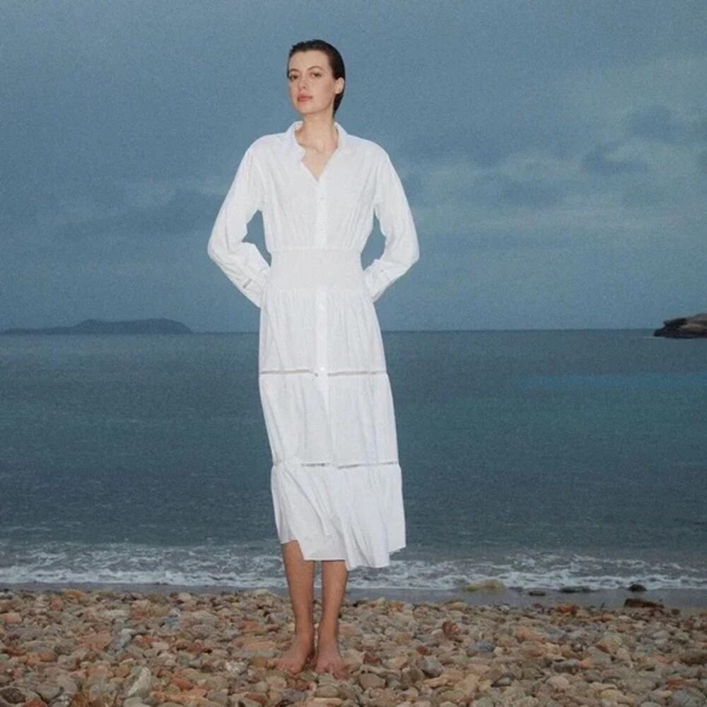 Thakoon Smocked Waist Button Front Maxi Ladder Trim Minimalist White Maxi NWT 6